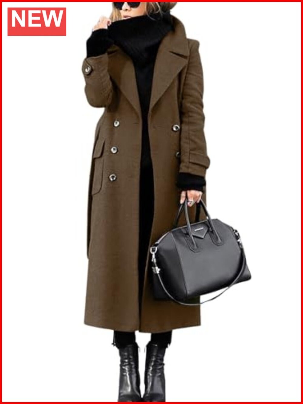 Women's Wool Peacoat Double Breasted Winter Coat with Belt Long Sleeve